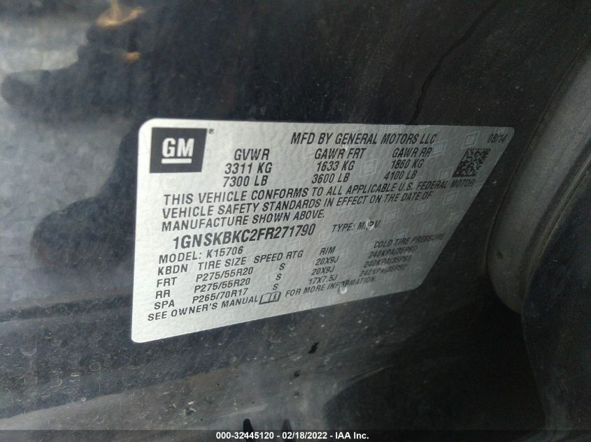 2015 CHEVROLET TAHOE LT 1GNSKBKC2FR271790