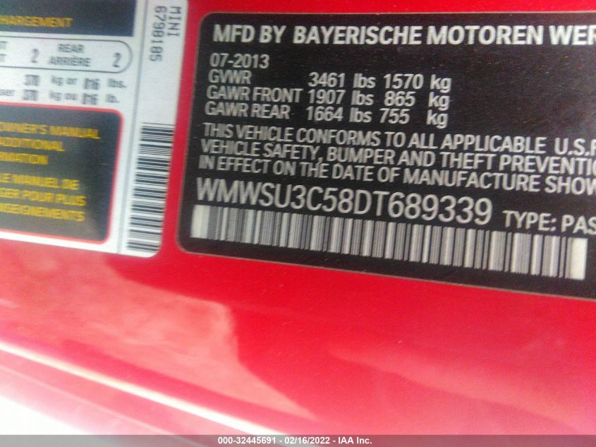 2013 MINI COOPER HARDTOP WMWSU3C58DT689339