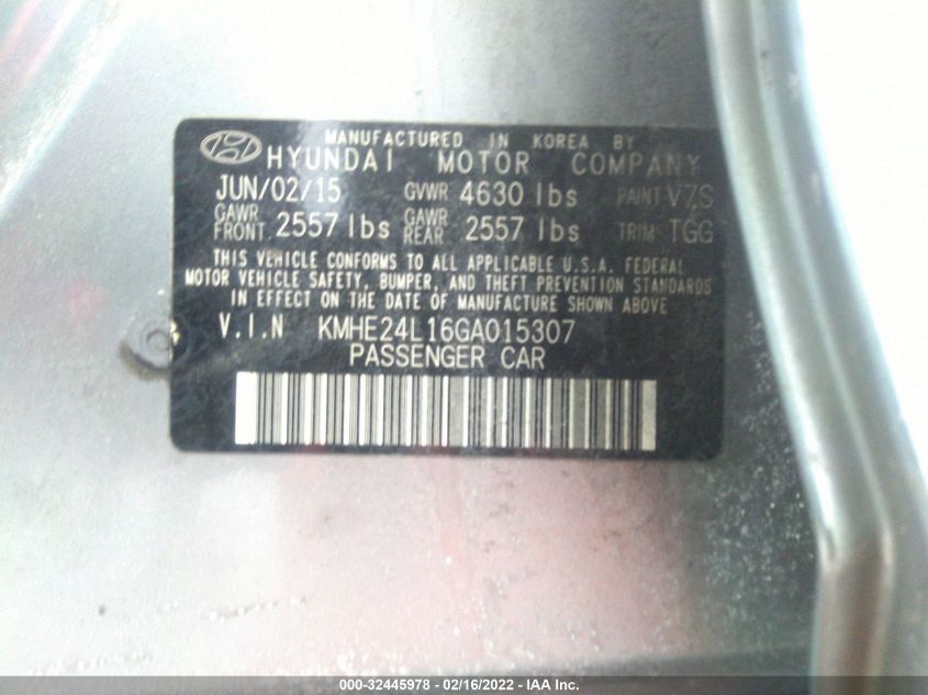 2016 HYUNDAI SONATA HYBRID SE KMHE24L16GA015307
