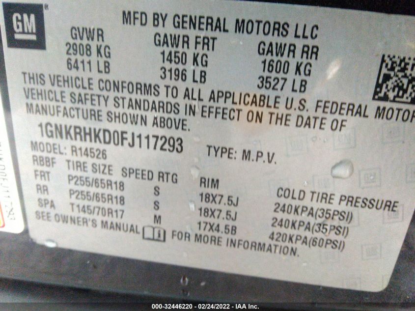 2015 CHEVROLET TRAVERSE LT 1GNKRHKD0FJ117293