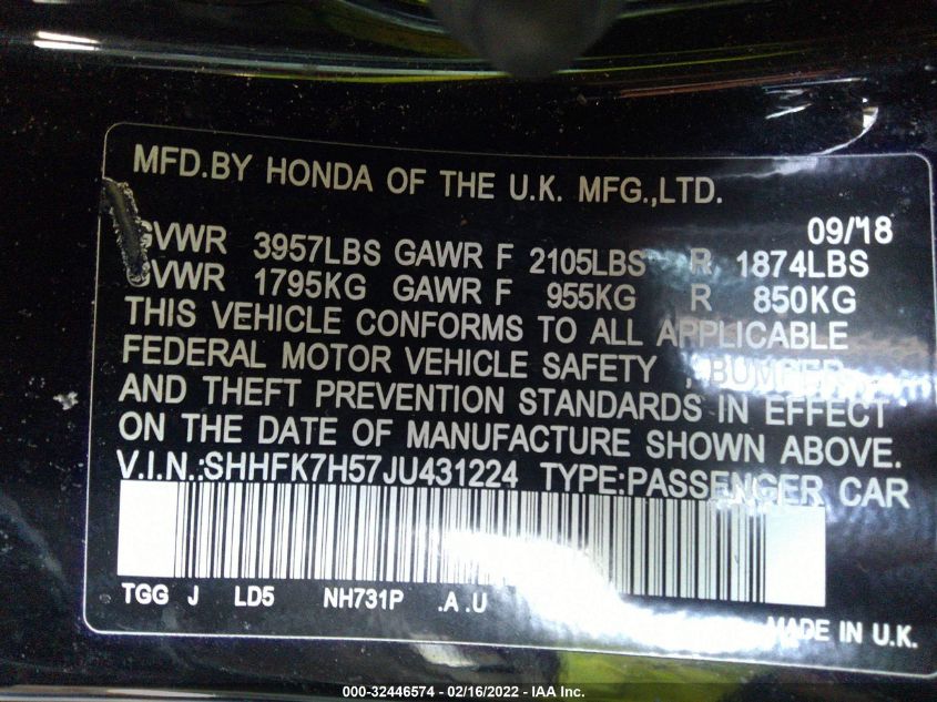 2018 HONDA CIVIC HATCHBACK EX SHHFK7H57JU431224