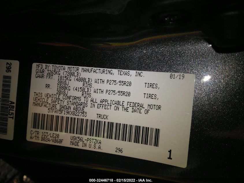 2019 TOYOTA TUNDRA 4WD SR5/LIMITED/PLATINUM 5TFAY5F19KX822753