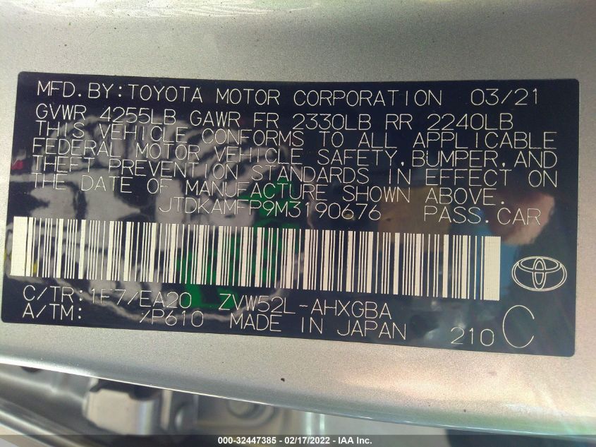 2021 TOYOTA PRIUS PRIME LE/XLE/LIMITED JTDKAMFP9M3190676