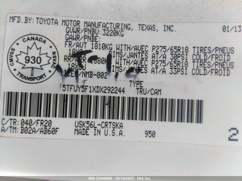 2013 TOYOTA TUNDRA 4WD TRUCK 5TFUY5F1XDX292244