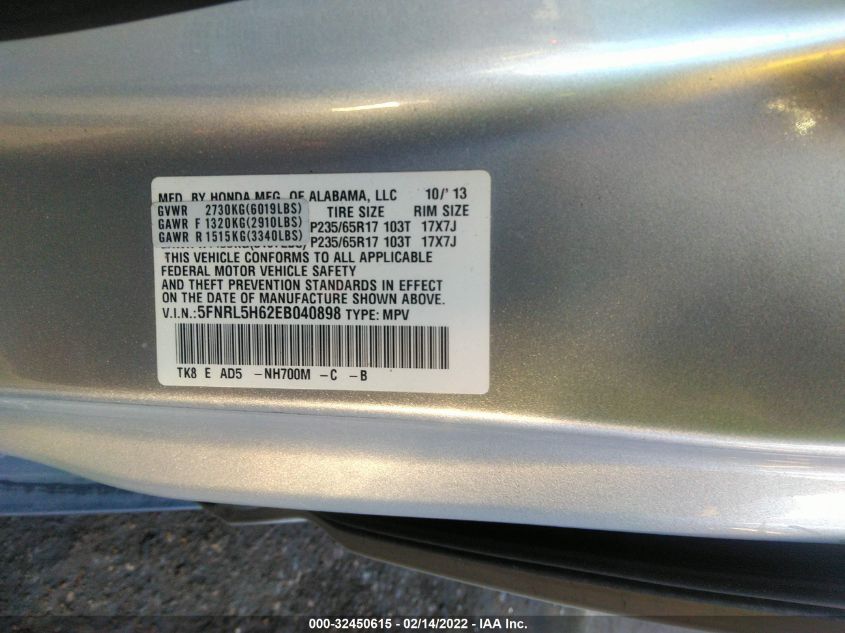 2014 HONDA ODYSSEY EX-L 5FNRL5H62EB040898