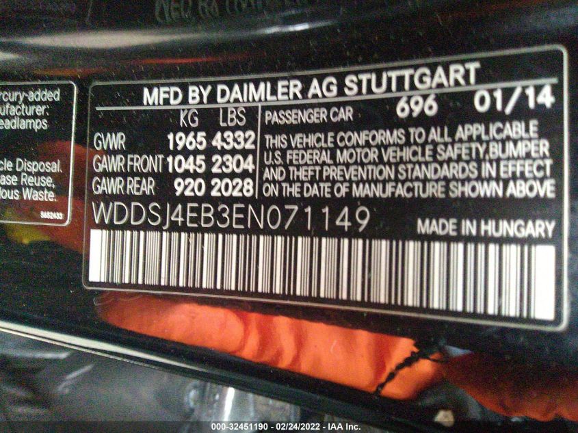 2014 MERCEDES-BENZ CLA-CLASS CLA 250 WDDSJ4EB3EN071149
