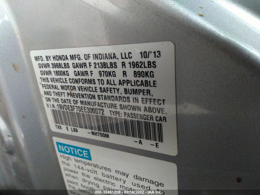 2014 ACURA ILX HYBRID TECH PKG 19VDE3F70EE300072