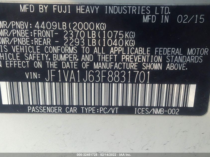 2015 SUBARU WRX LIMITED JF1VA1J63F8831701