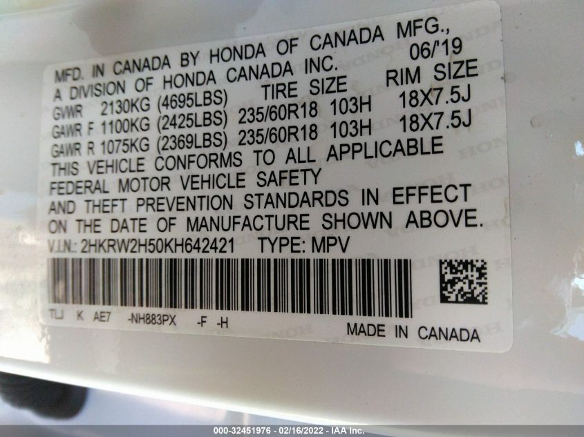 2019 HONDA CR-V EX 2HKRW2H50KH642421