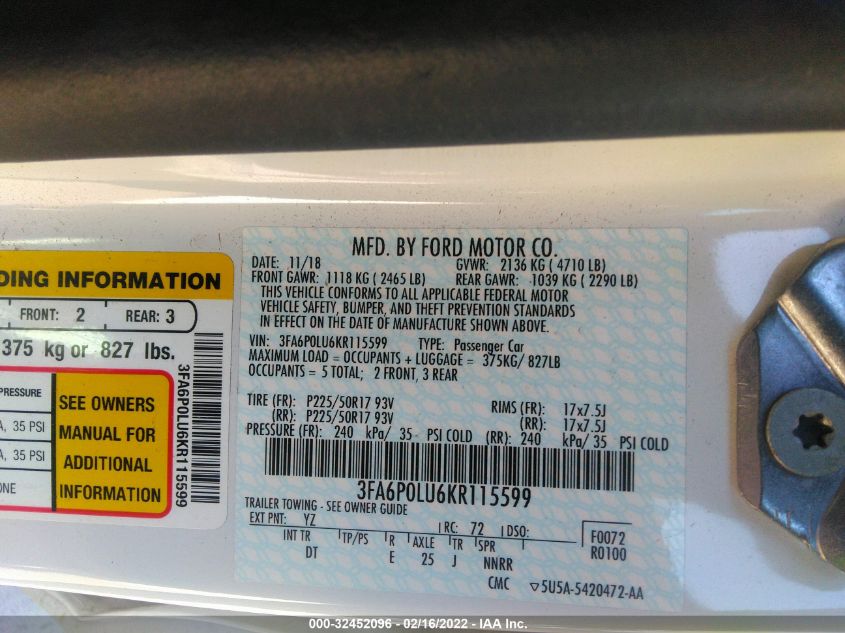 2019 FORD FUSION HYBRID SE 3FA6P0LU6KR115599