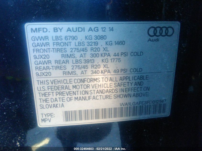 2015 AUDI Q7 3.0T PREMIUM PLUS WA1LGAFE3FD012947