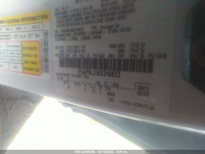 2019 FORD FUSION HYBRID SE 3FA6P0LU3KR240852