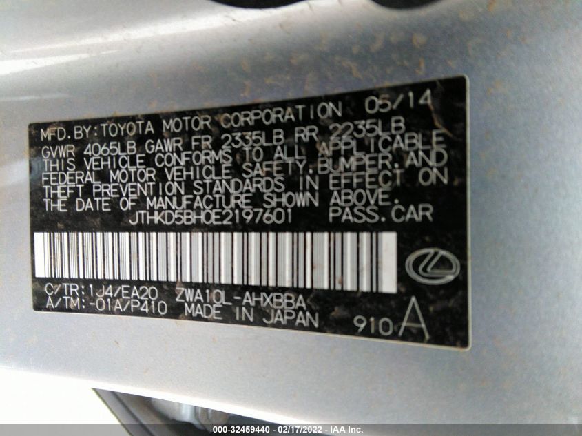 2014 LEXUS CT 200H HYBRID JTHKD5BH0E2197601