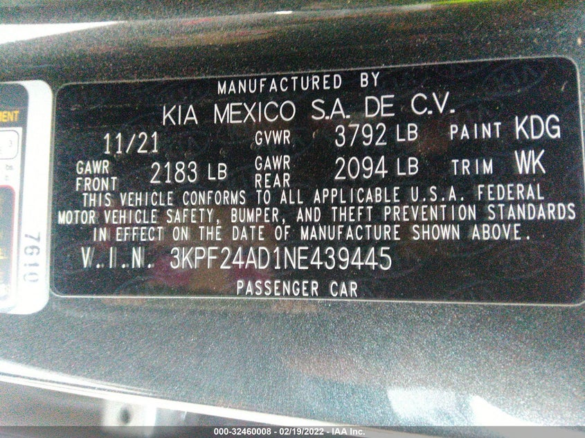 VIN 3KPF24AD1NE439445 2022 KIA FORTE LXS