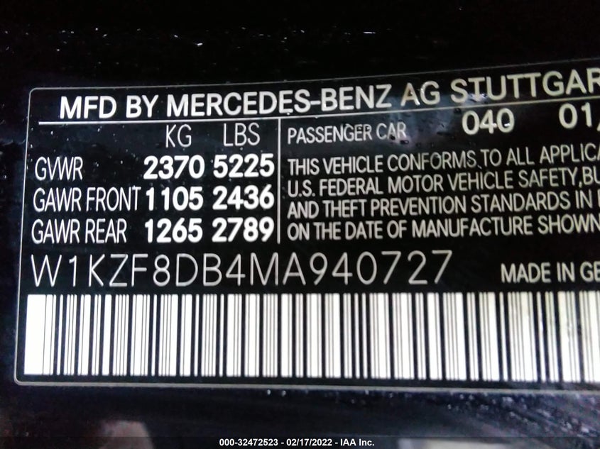 MERCEDES-BENZ E-CLASS 2021 VIN W1KZF8DB4MA940727