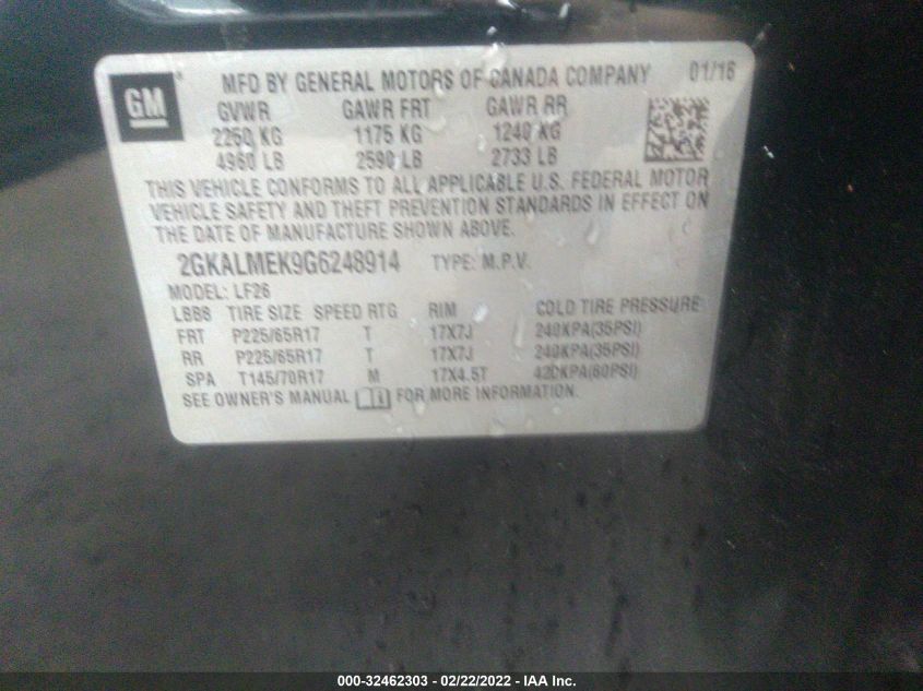 2016 GMC TERRAIN SLE 2GKALMEK9G6248914