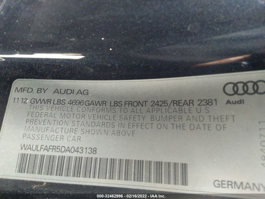 2013 AUDI A5 PREMIUM PLUS WAULFAFR5DA043138