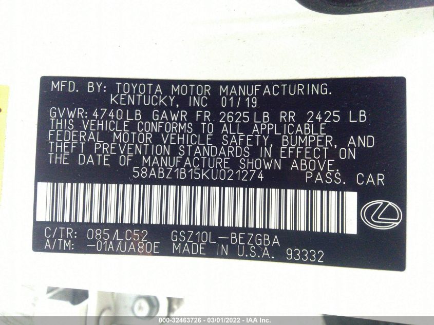 2019 LEXUS ES ES 350 58ABZ1B15KU021274