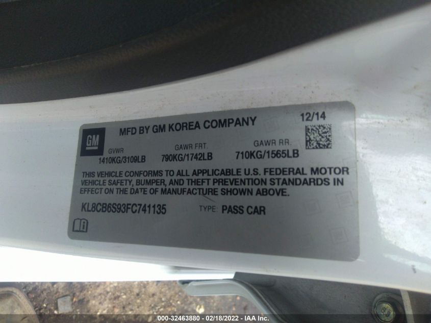 2015 CHEVROLET SPARK LS KL8CB6S93FC741135