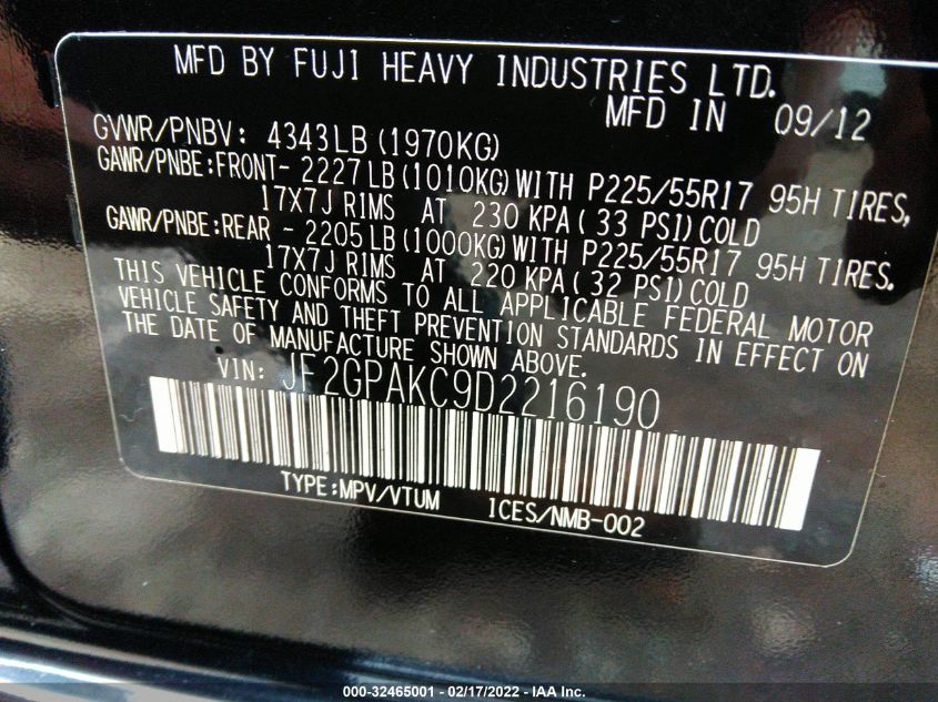 2013 SUBARU XV CROSSTREK LIMITED JF2GPAKC9D2216190