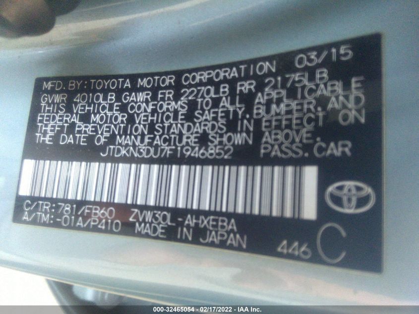 2015 TOYOTA PRIUS FOUR JTDKN3DU7F1946852
