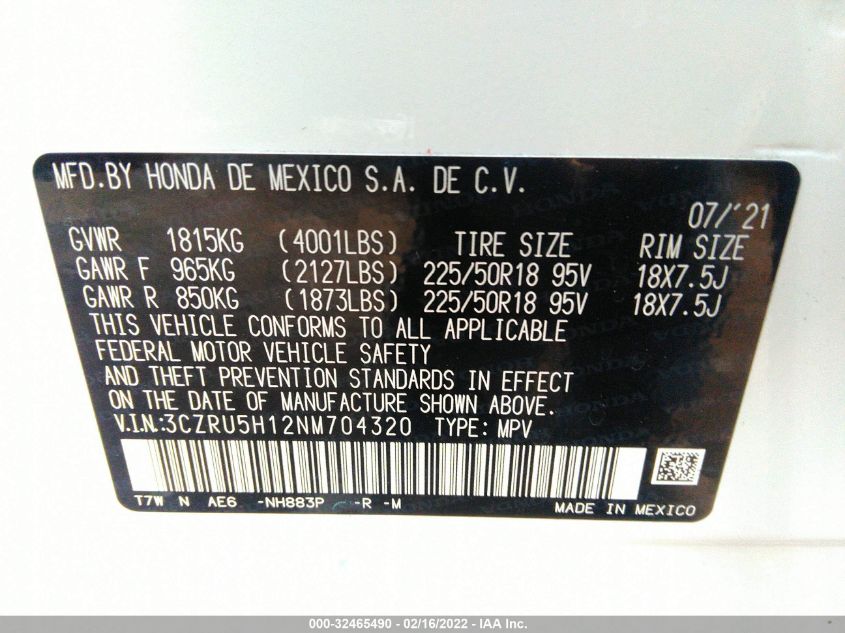 2022 HONDA HR-V SPORT 3CZRU5H12NM704320