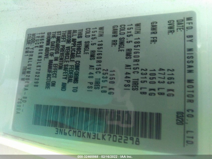 2020 NISSAN NV200 COMPACT CARGO SV 3N6CM0KN3LK702298