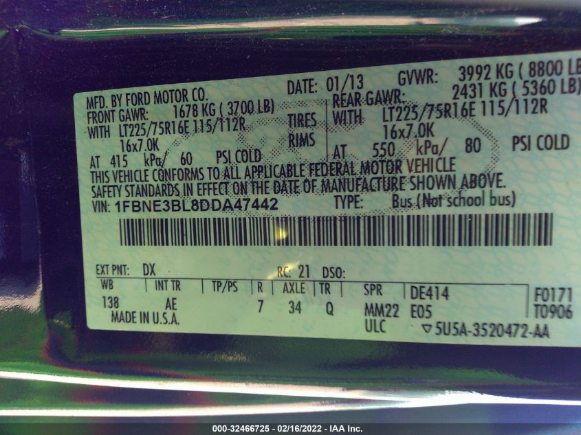 2013 FORD ECONOLINE WAGON XL 1FBNE3BL8DDA47442