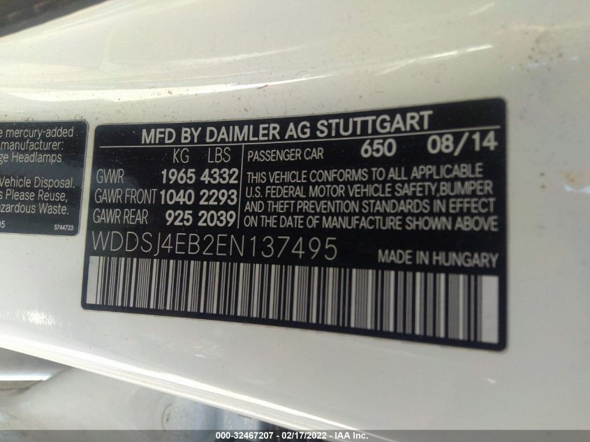 2014 MERCEDES-BENZ CLA-CLASS CLA 250 WDDSJ4EB2EN137495