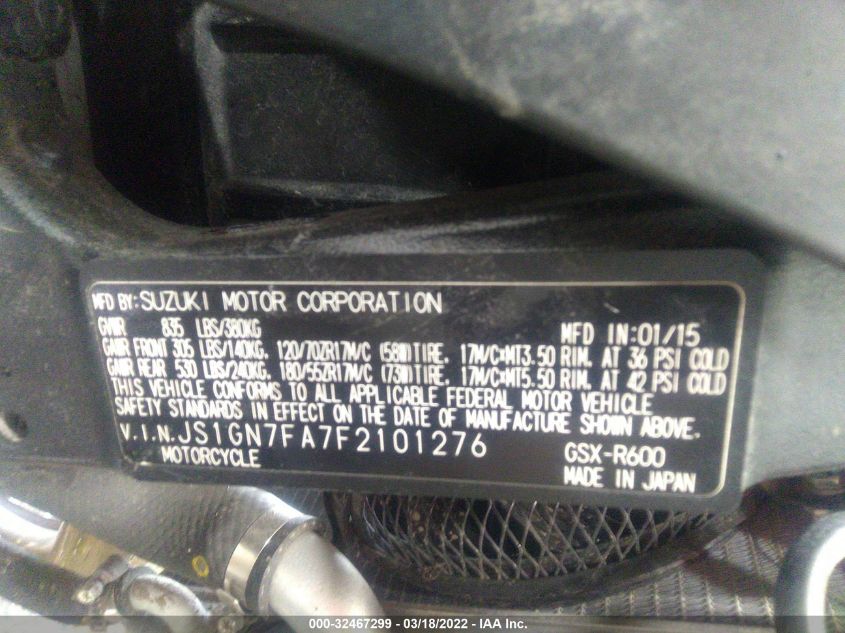 2015 SUZUKI GSX-R600 JS1GN7FA7F2101276