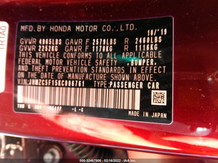 2019 HONDA CLARITY PLUG-IN HYBRID - JHMZC5F15KC006761