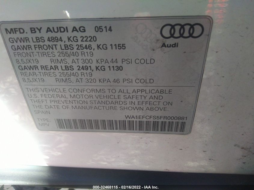2015 AUDI Q3 2.0T PREMIUM PLUS WA1EFCFS5FR000881