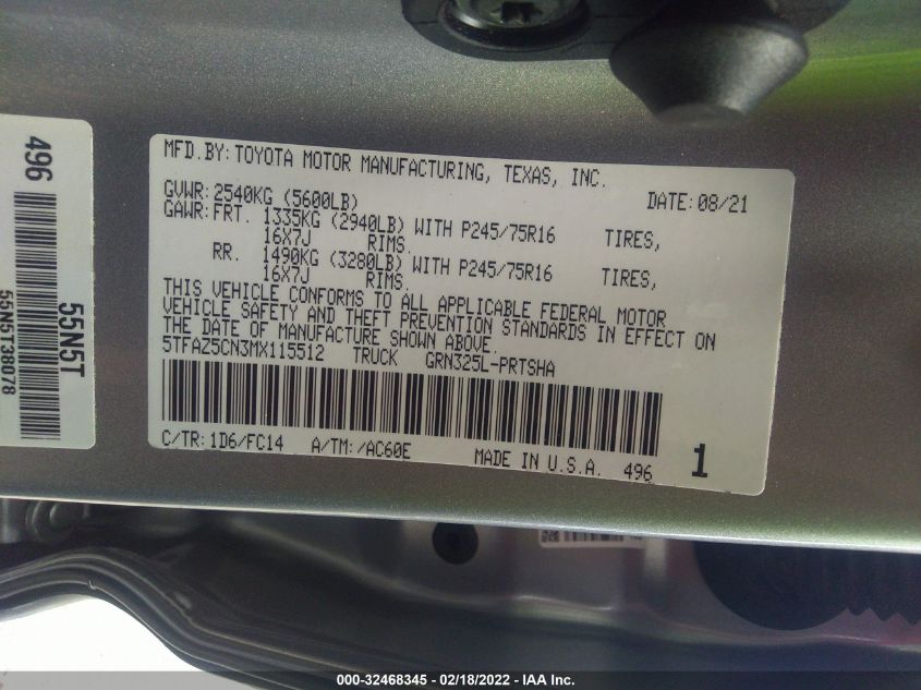 2021 TOYOTA TACOMA 2WD SR5/TRD SPORT 5TFAZ5CN3MX115512