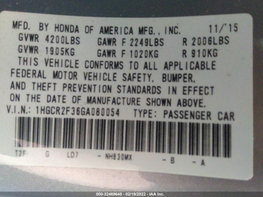 2016 HONDA ACCORD SEDAN LX 1HGCR2F36GA080054