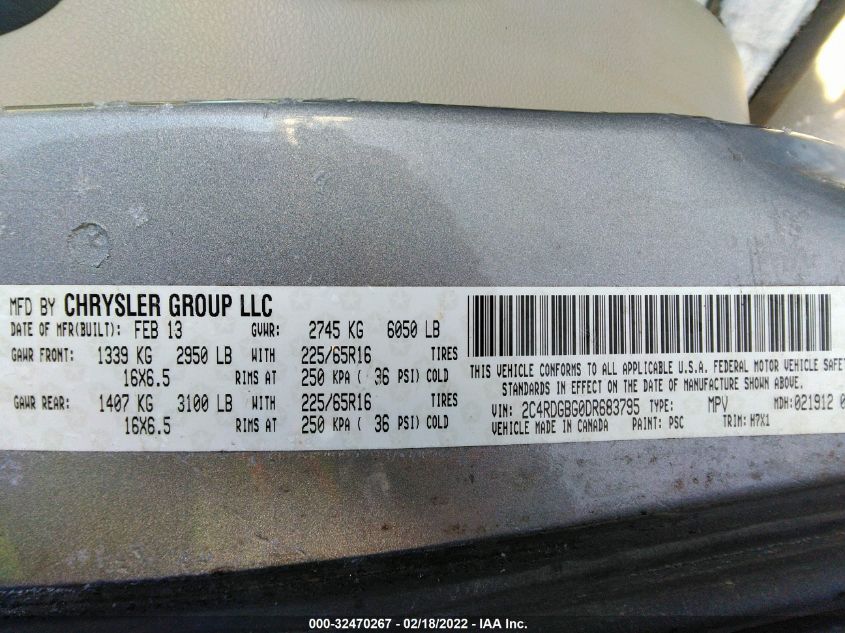 2013 DODGE GRAND CARAVAN AMERICAN VALUE PKG 2C4RDGBG0DR683795