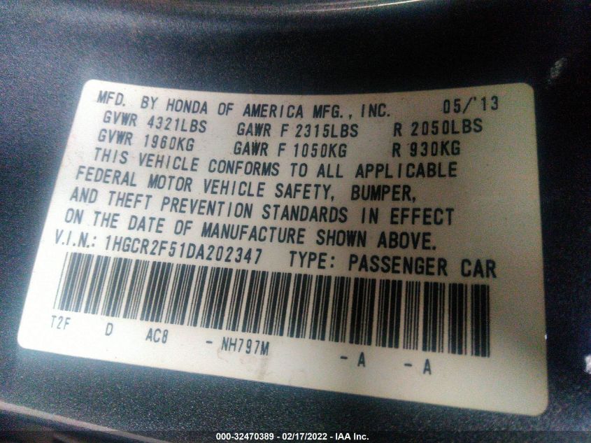 2013 HONDA ACCORD SDN SPORT 1HGCR2F51DA202347