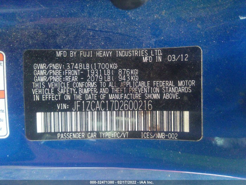 2013 SUBARU BRZ LIMITED JF1ZCAC17D2600216
