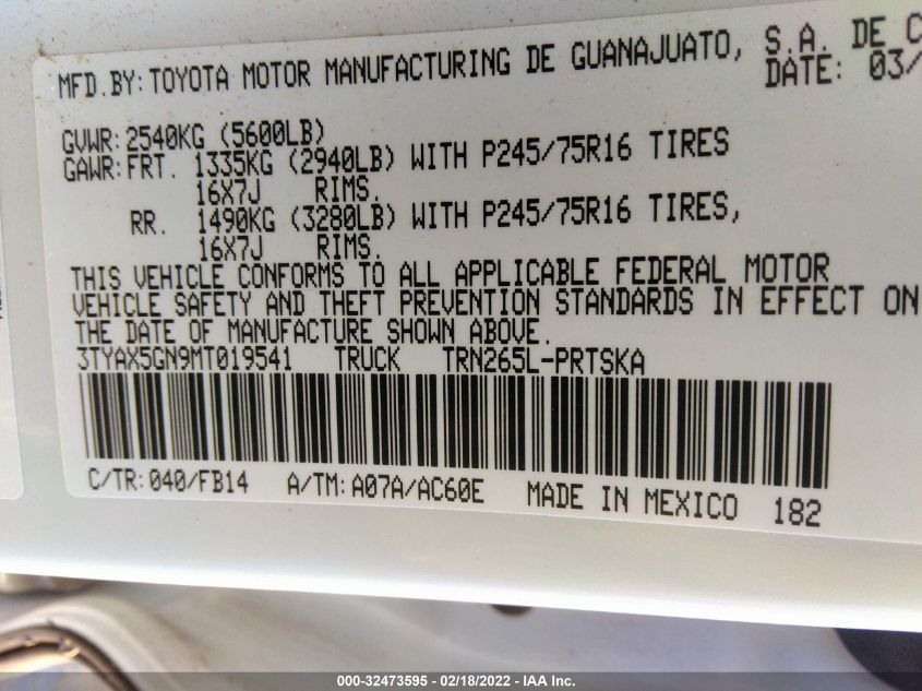 2021 TOYOTA TACOMA 2WD SR/SR5 3TYAX5GN9MT019541