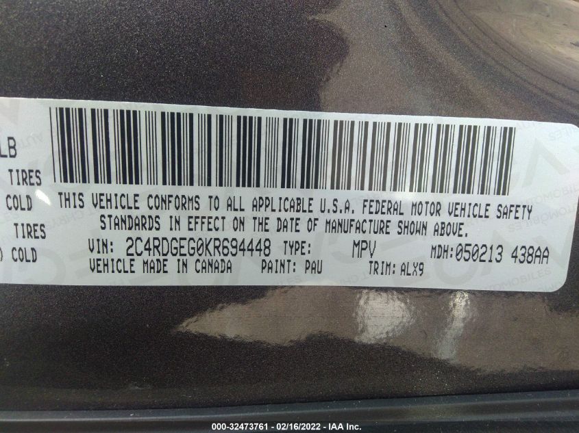 2019 DODGE GRAND CARAVAN GT 2C4RDGEG0KR694448