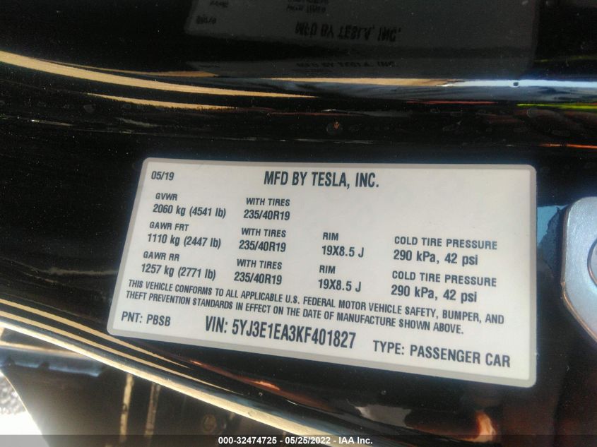2019 TESLA MODEL 3 RANGE 5YJ3E1EA3KF401827