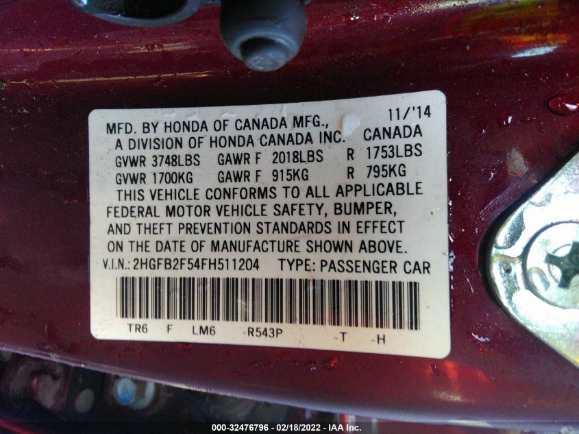 2015 HONDA CIVIC SEDAN LX 2HGFB2F54FH511204