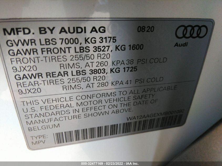 2021 AUDI E-TRON PREMIUM PLUS WA12AAGEXMB001092
