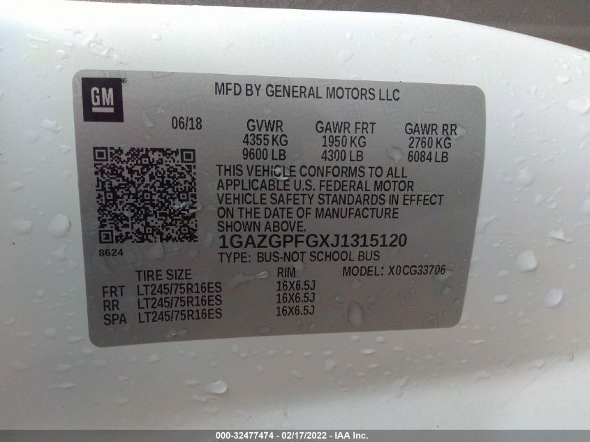 2018 CHEVROLET EXPRESS PASSENGER LT 1GAZGPFGXJ1315120