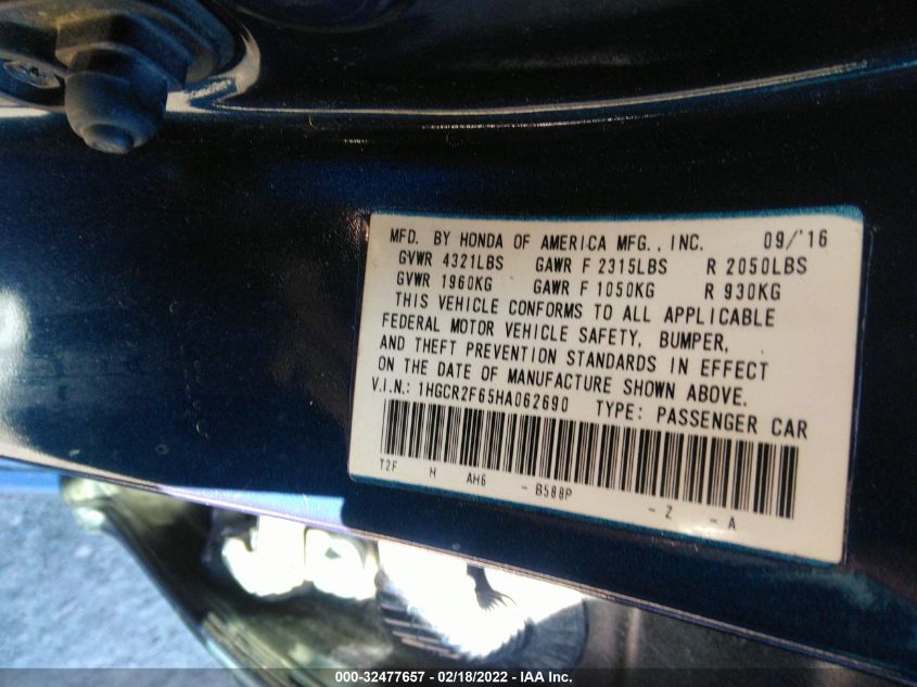 2017 HONDA ACCORD SEDAN SPORT 1HGCR2F65HA062690