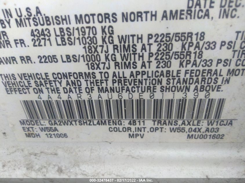 2013 MITSUBISHI OUTLANDER SPORT ES 4A4AR3AU6DE011390
