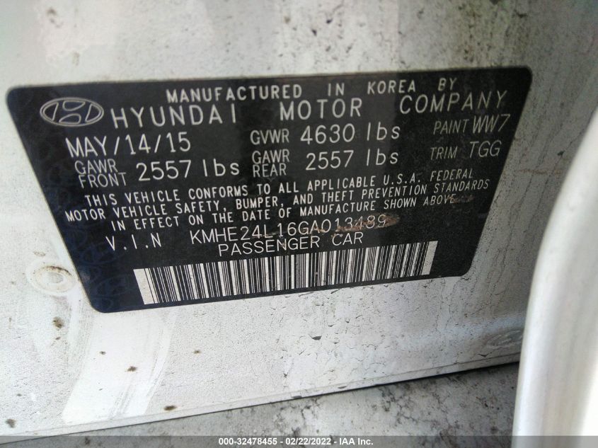 2016 HYUNDAI SONATA HYBRID SE KMHE24L16GA013489