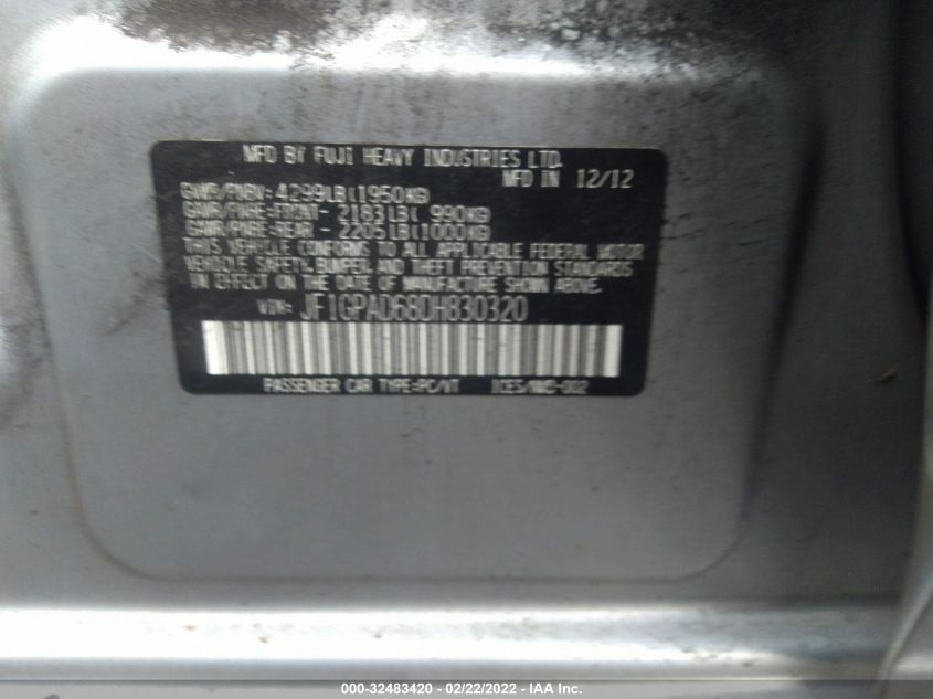 2013 SUBARU IMPREZA WAGON 2.0I PREMIUM JF1GPAD68DH830320