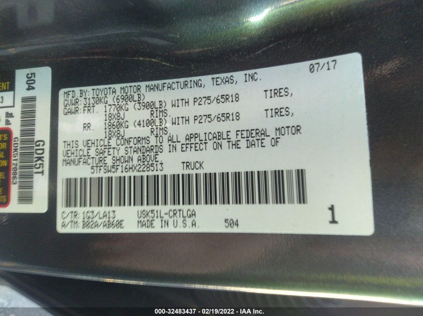 2017 TOYOTA TUNDRA 2WD LIMITED 5TFSW5F16HX228513
