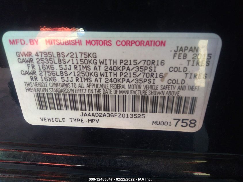 2015 MITSUBISHI OUTLANDER ES JA4AD2A36FZ013525