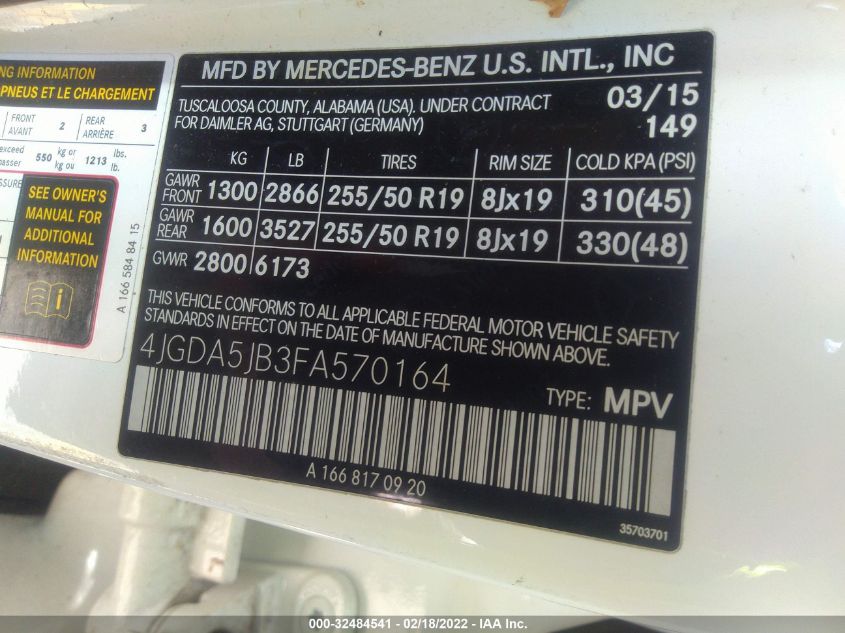 2015 MERCEDES-BENZ M-CLASS ML 350 4JGDA5JB3FA570164